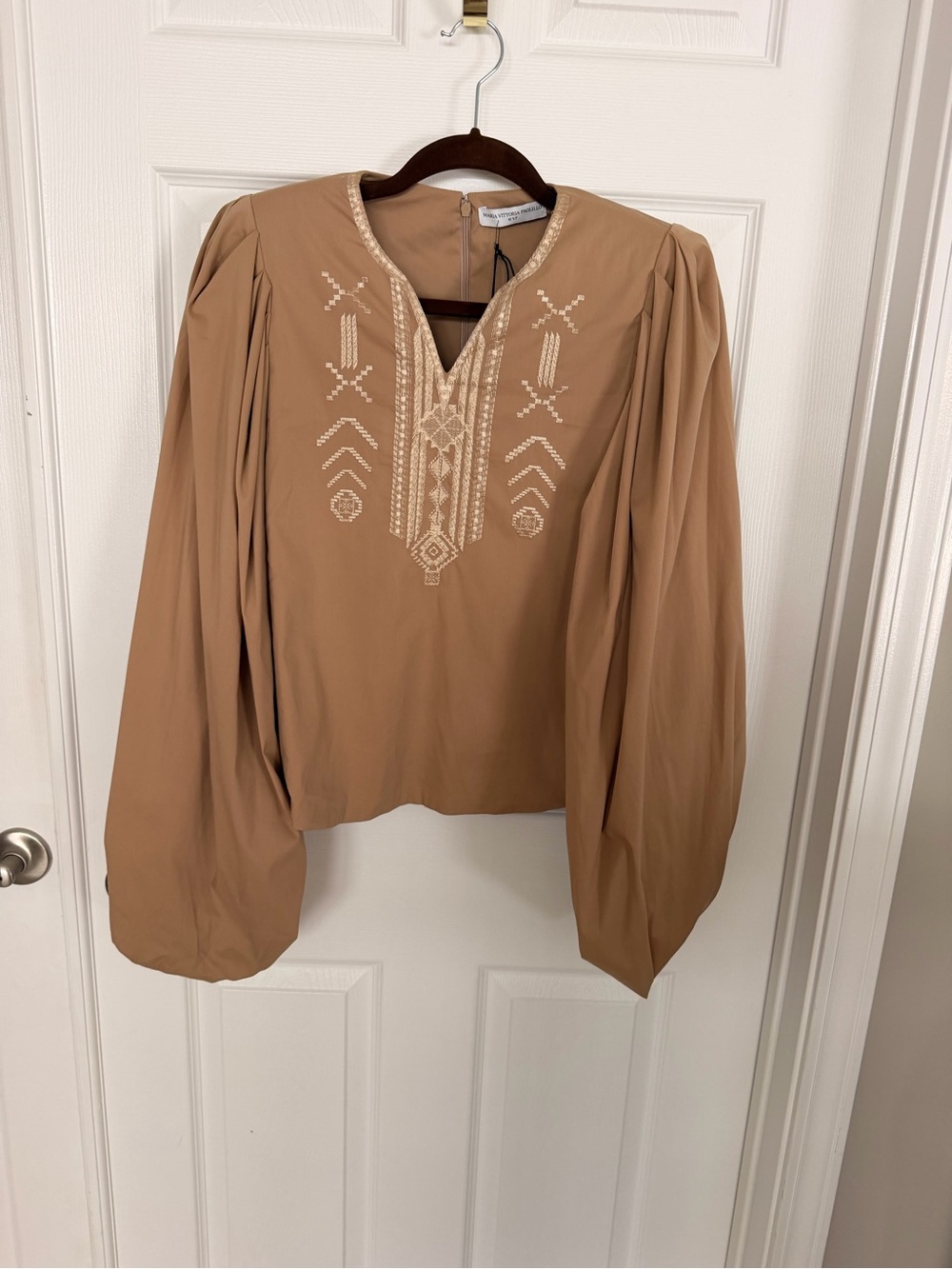 Embroidered Tan Balloon-Sleeve Blouse